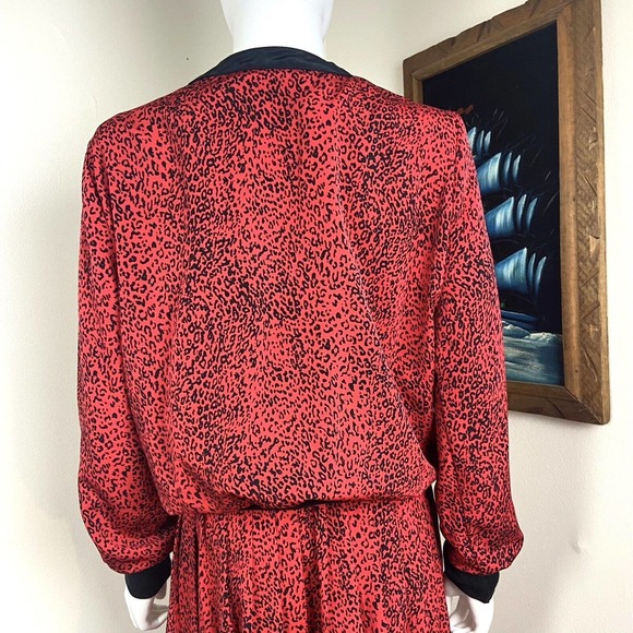 Vintage 80s Red Leopard Bow Secretary Midi Dress Pleated M Medium 1980s - Picture 8 of 10